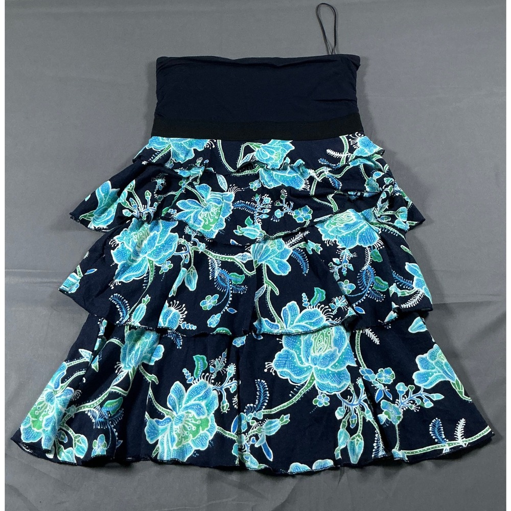 Express Vintage Y2K Whimsical Floral Ruffle Tiered Strapless Mini Dress Navy XS